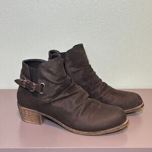 Jessica Cline Black Leather Slouchy Ankle Booties Buckle Stacked Heel Size 7